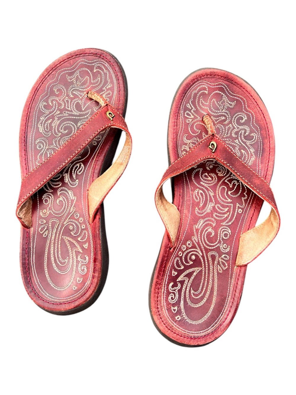 OluKai Paniolo Red Leather Western Stitch Thong Sandals Flip Flops Women’s Sz 6